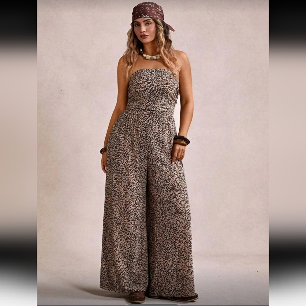 Freevana Leopard Print Strapless Wide Leg Jumpsuit Romper, 16 (2XL), Black & Tan - Picture 3 of 8